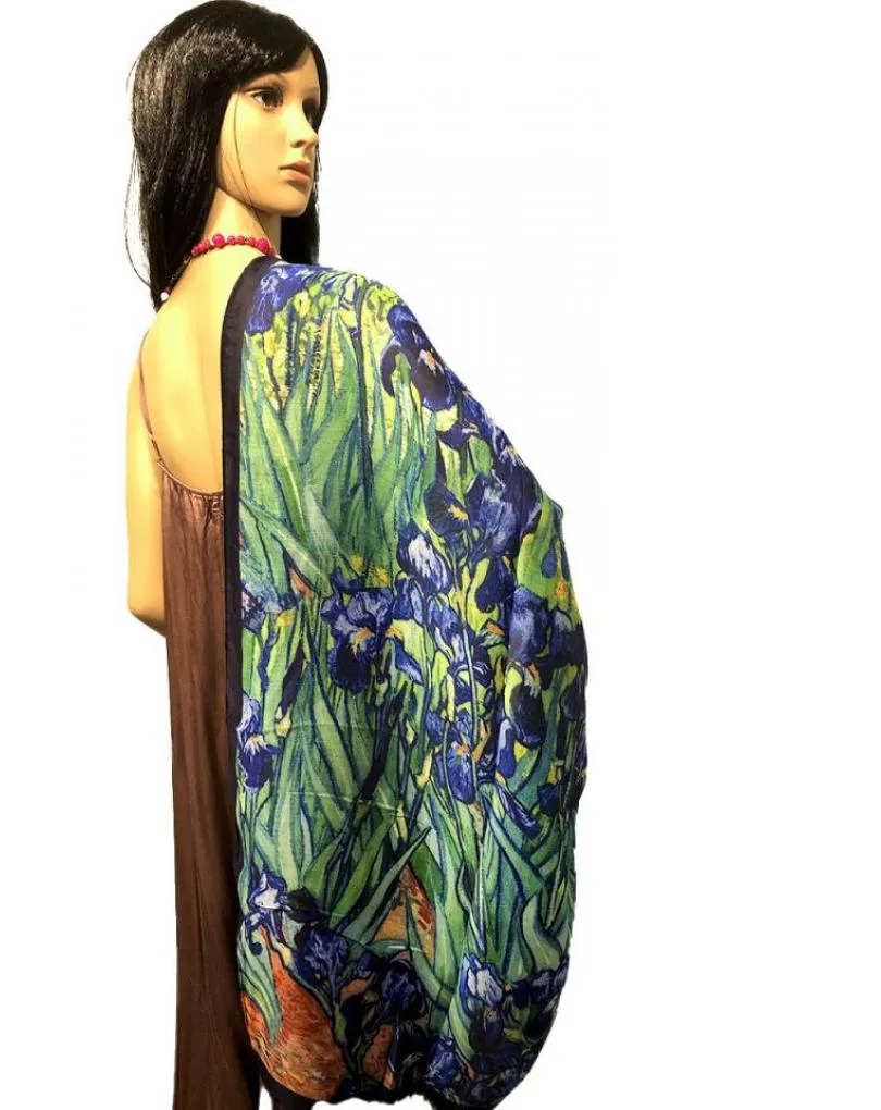 PAÑUELOS MUJER AZULES Y VERDES INSPIRADOS EN FLORES LOS  LIRIOS VAN GOGH