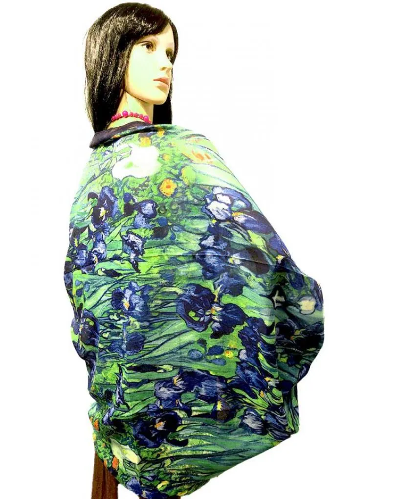 PAÑUELOS MUJER AZULES Y VERDES INSPIRADOS EN FLORES LOS  LIRIOS VAN GOGH
