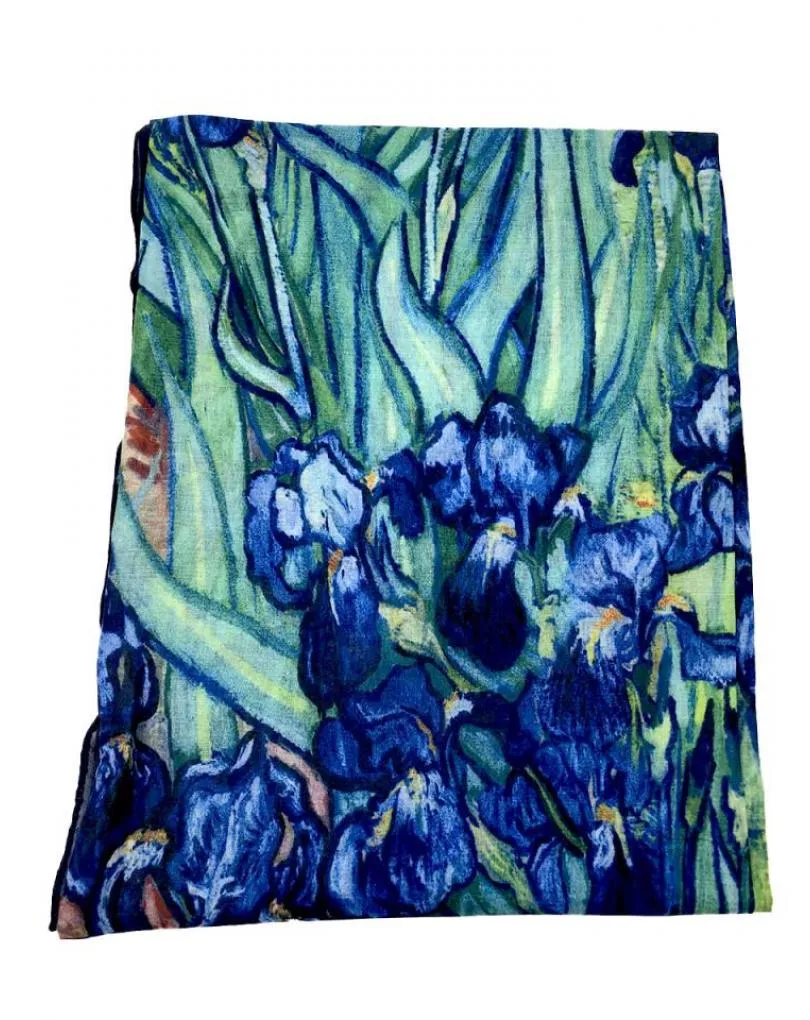PAÑUELOS MUJER AZULES Y VERDES INSPIRADOS EN FLORES LOS  LIRIOS VAN GOGH
