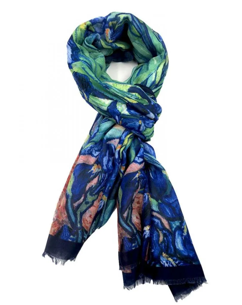 PAÑUELOS MUJER AZULES Y VERDES INSPIRADOS EN FLORES LOS  LIRIOS VAN GOGH