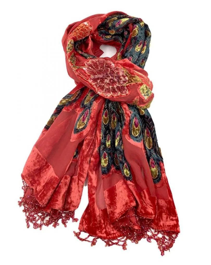 PAÑUELOS ROJOS LEGANTES PAVO REAL SEDA Y TERCIOPELO
