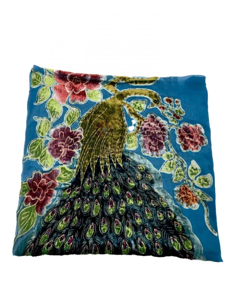 PAÑUELOS TURQUESAS LEGANTES PAVO REAL SEDA Y TERCIOPELO