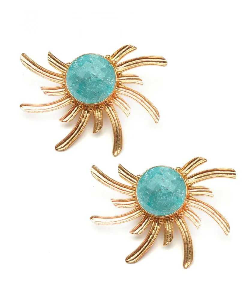 PENDIENTES AZULES CON ESPECTACULAR DISEÑO DE SOL DORADO
