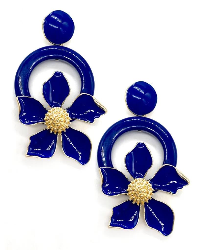 PENDIENTES LARGOS AZULONES CON PRECIOSO DISEÑO DE ARO Y FLOR