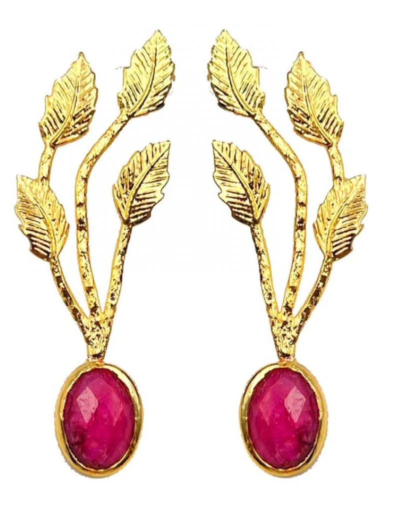PENDIENTES MUJER LÁGRIMA FUCSIA ALTA BISUTERÍA CON DISEÑO DE RAMITAS