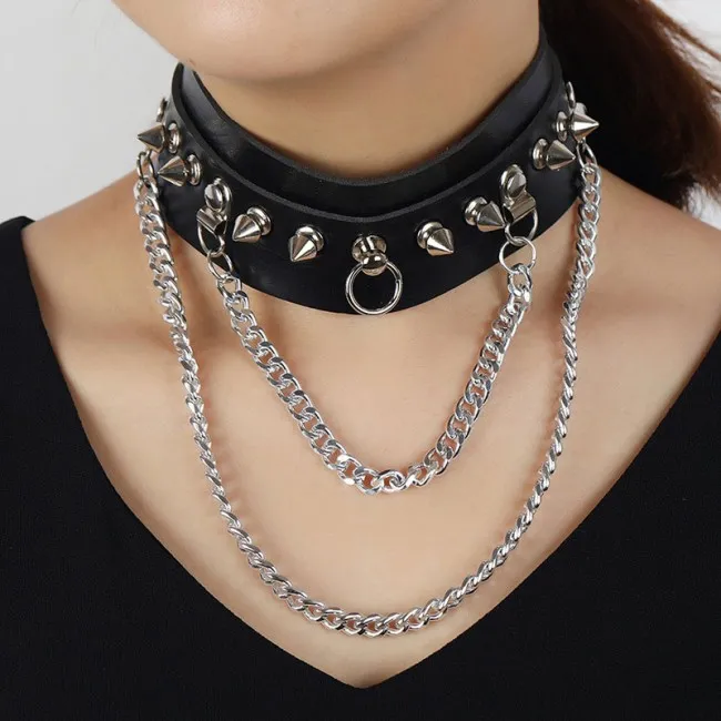 Punk Chain Tassel Rivet Spikes Adjustable Leather Choker For Girl PU Necklace Bar Party Accessories Rock Goth Choker 