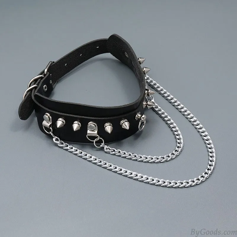 Punk Chain Tassel Rivet Spikes Adjustable Leather Choker For Girl PU Necklace Bar Party Accessories Rock Goth Choker 