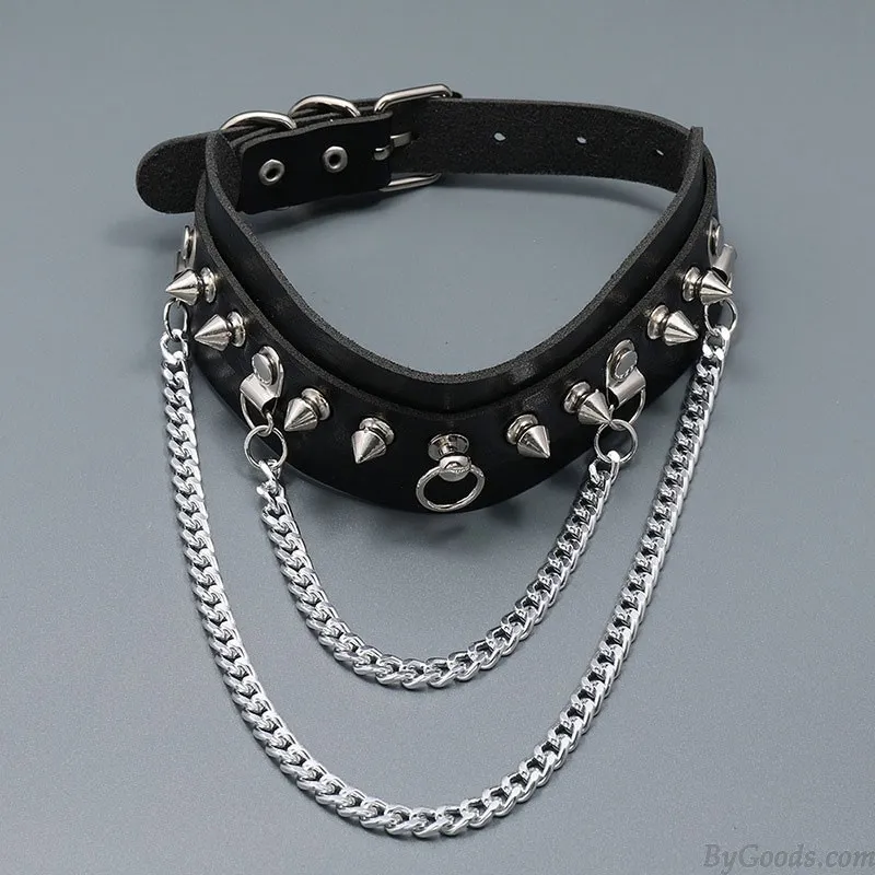 Punk Chain Tassel Rivet Spikes Adjustable Leather Choker For Girl PU Necklace Bar Party Accessories Rock Goth Choker 