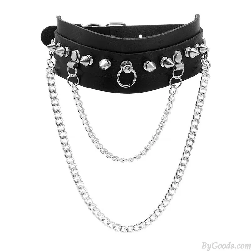 Punk Chain Tassel Rivet Spikes Adjustable Leather Choker For Girl PU Necklace Bar Party Accessories Rock Goth Choker 
