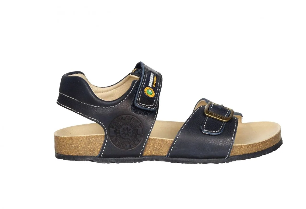 Sandalia Bio Piel Azul Con Hebilla y Velcro