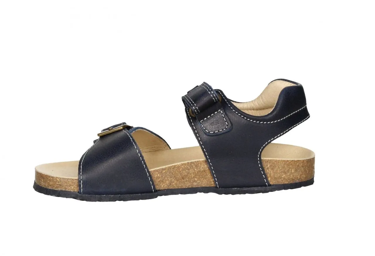 Sandalia Bio Piel Azul Con Hebilla y Velcro