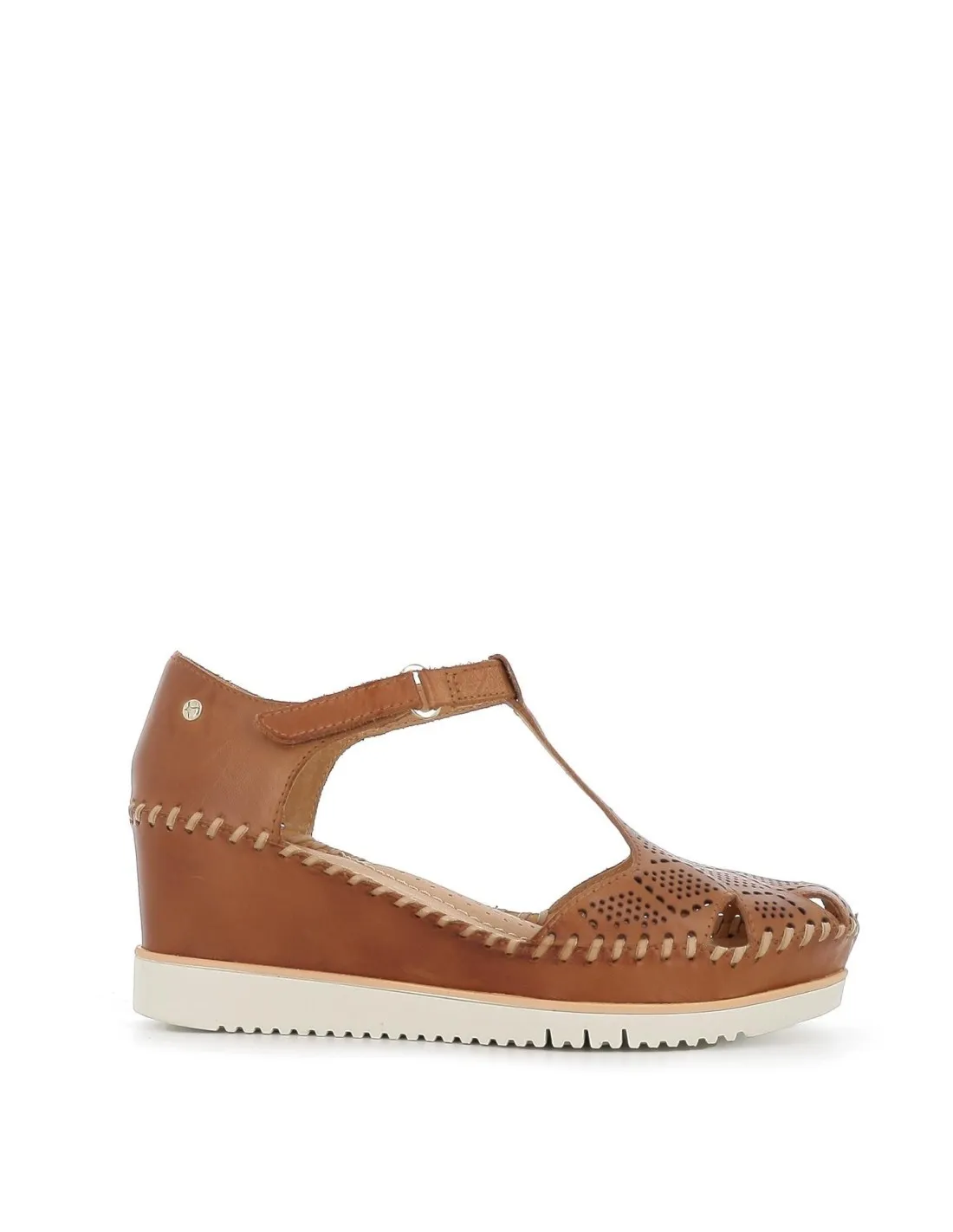 Sandalia plataforma cuña calados de piel camel para mujer Pikolinos