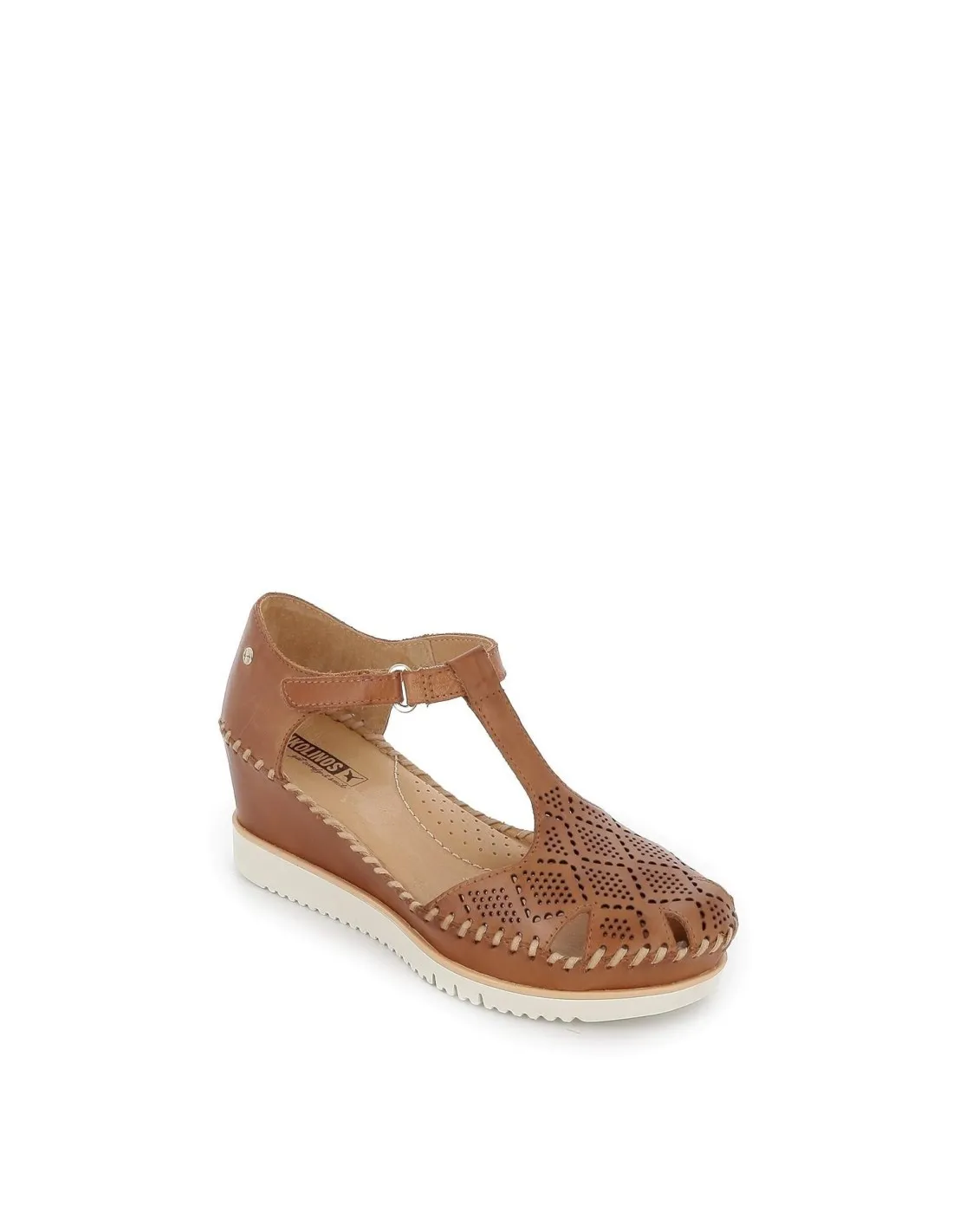Sandalia plataforma cuña calados de piel camel para mujer Pikolinos