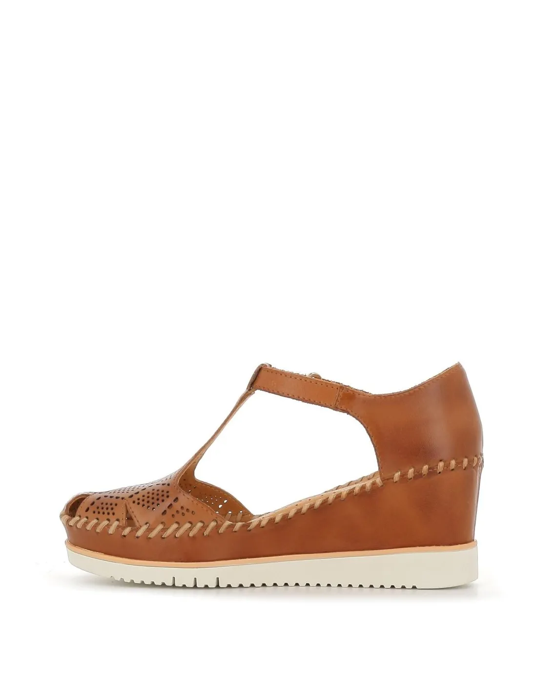 Sandalia plataforma cuña calados de piel camel para mujer Pikolinos
