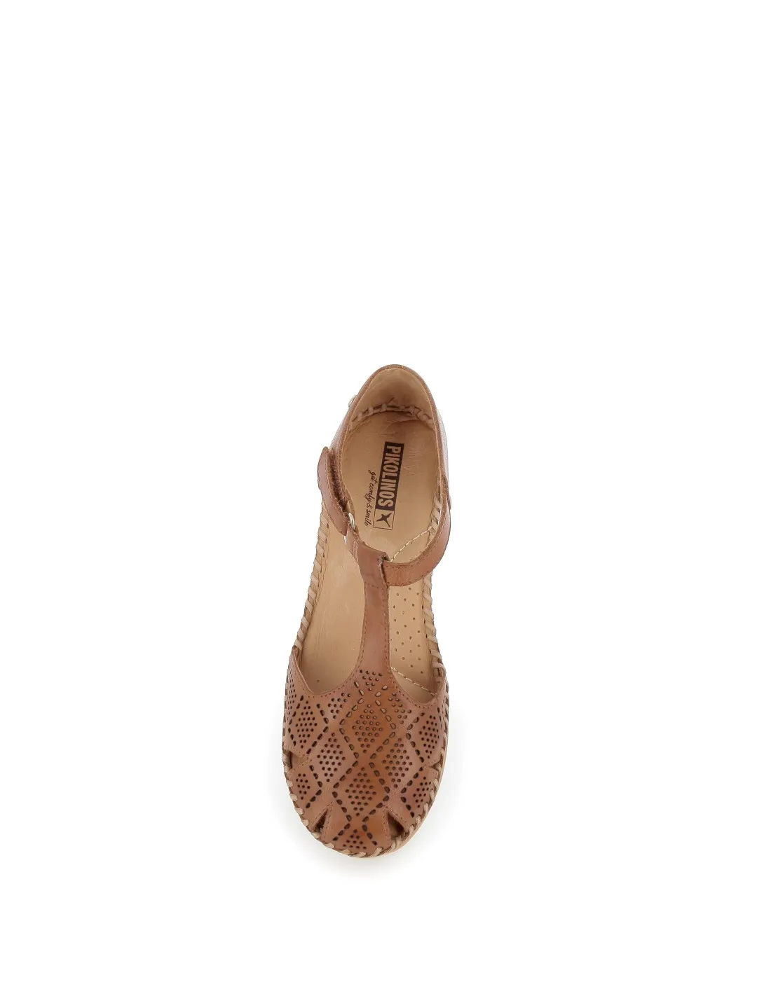 Sandalia plataforma cuña calados de piel camel para mujer Pikolinos