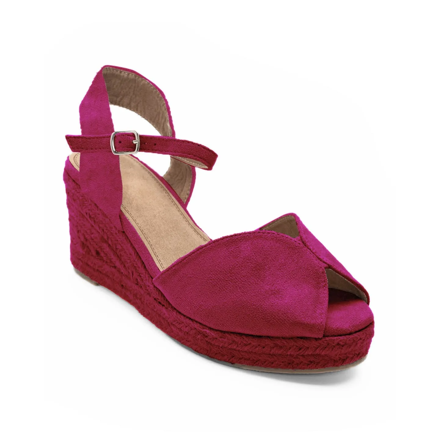 Sandalias de cuña media en yute en color fucsia para mujer