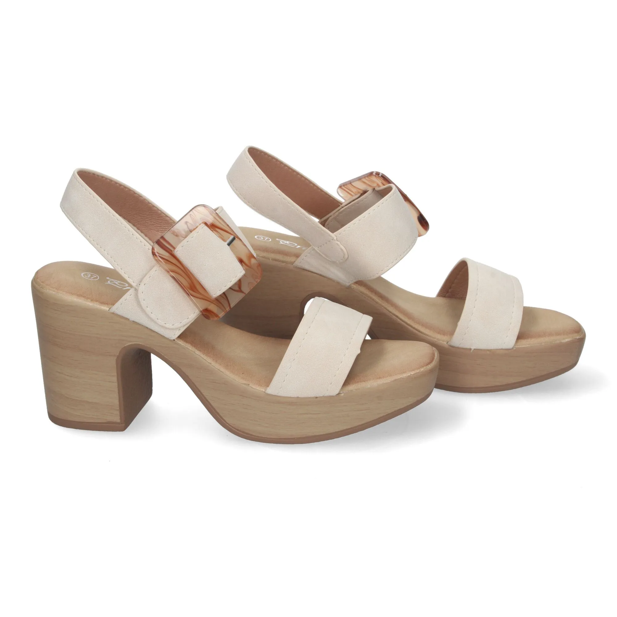 SANDALIAS DE TACóN Y PLATAFORMA PARA MUJER HEBILLA NACARADA COLOR BEIGE XFH785