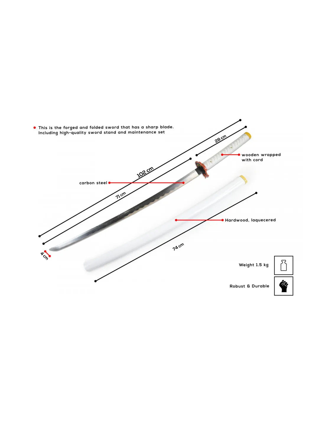 Set blanco Katana forjada a mano de Kyojuro Rengoku, Demon Slayer