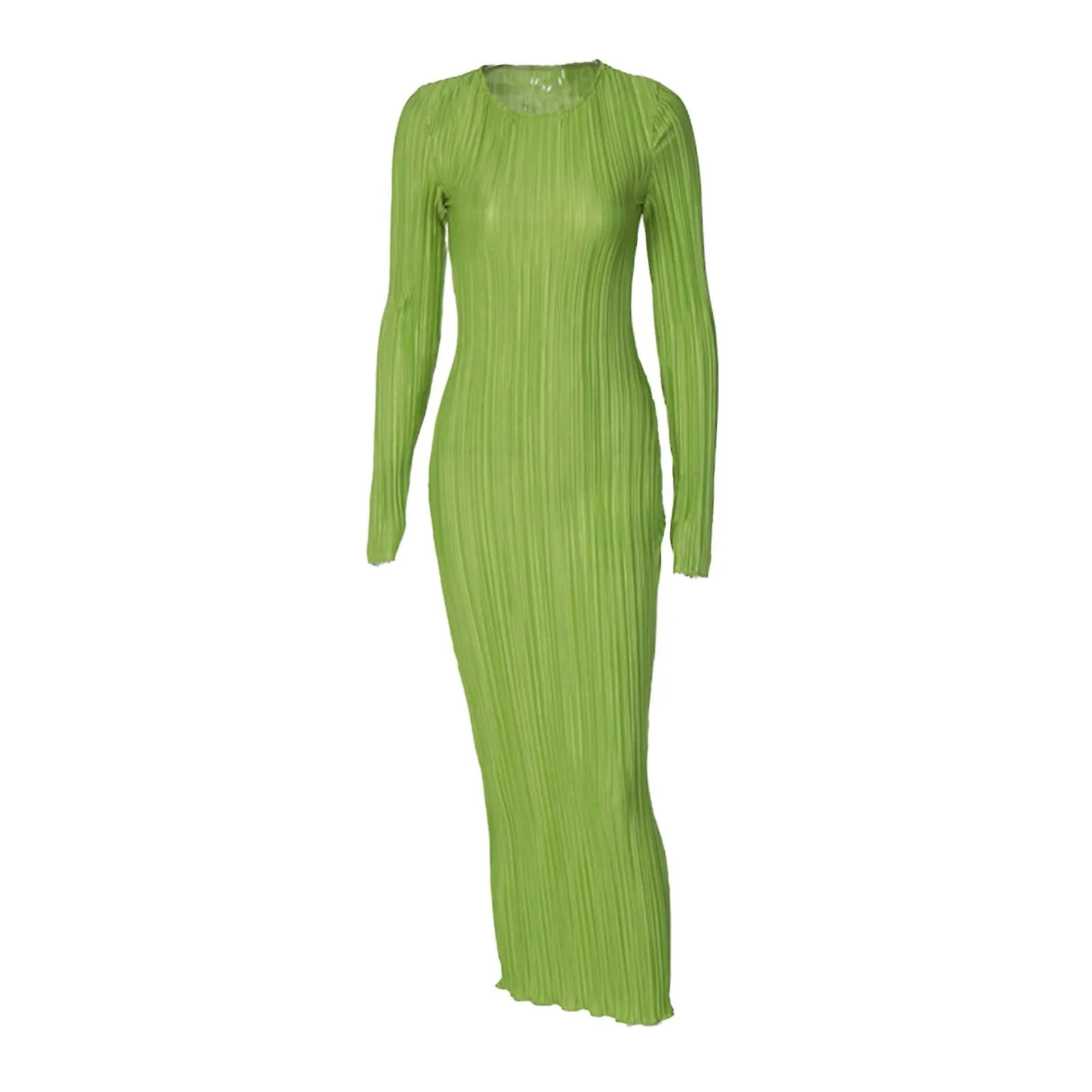Vestido largo casual de color sólido para mujer Vestido redondo de manga larga con volantes Vestido fruncido de moda para mujer 
