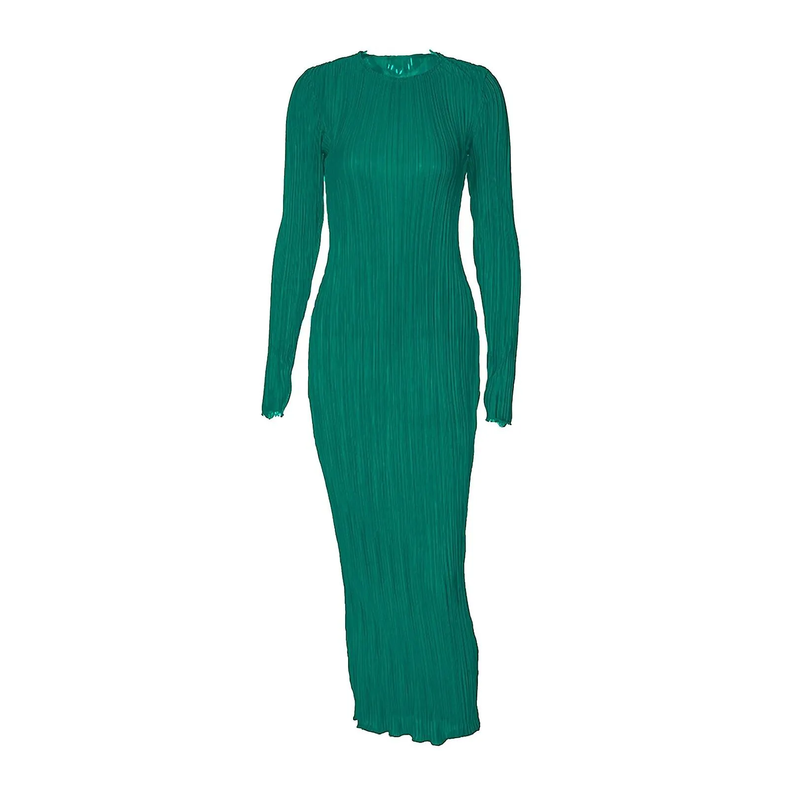 Vestido largo casual de color sólido para mujer Vestido redondo de manga larga con volantes Vestido fruncido de moda para mujer 