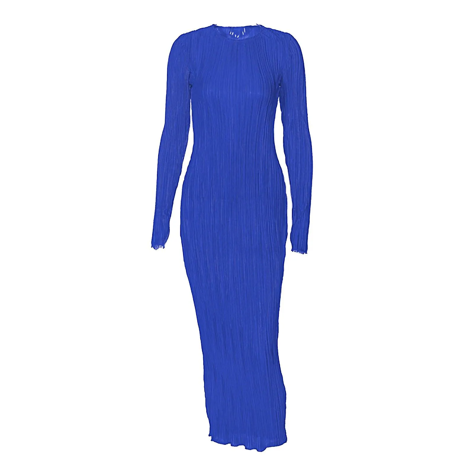 Vestido largo casual de color sólido para mujer Vestido redondo de manga larga con volantes Vestido fruncido de moda para mujer 