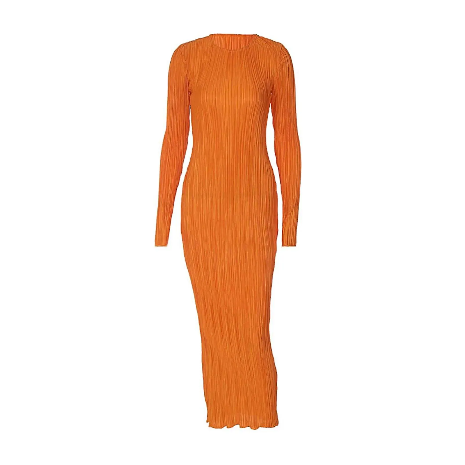 Vestido largo casual de color sólido para mujer Vestido redondo de manga larga con volantes Vestido fruncido de moda para mujer 