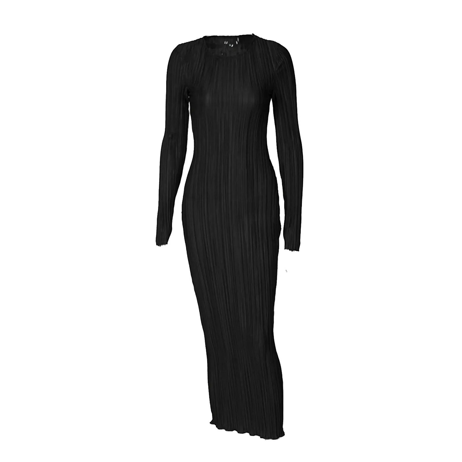 Vestido largo casual de color sólido para mujer Vestido redondo de manga larga con volantes Vestido fruncido de moda para mujer 