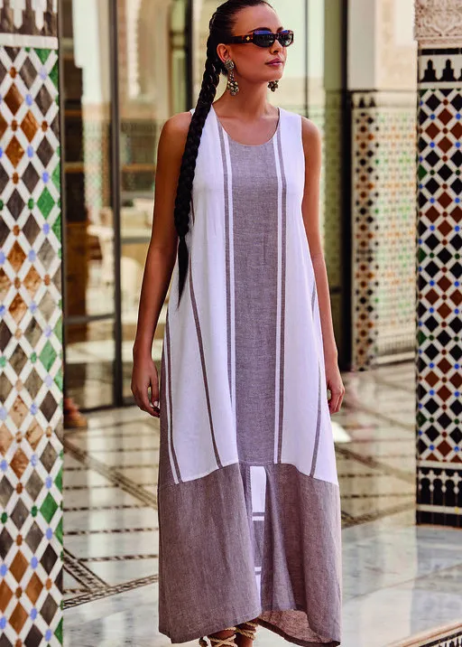 Vestido lino largo beige y blanco