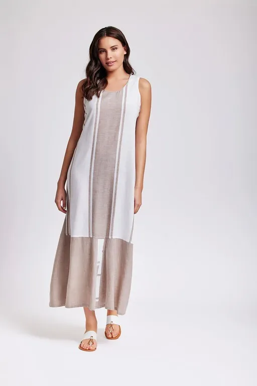 Vestido lino largo beige y blanco