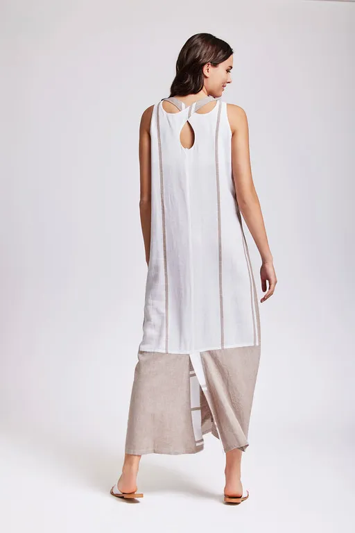 Vestido lino largo beige y blanco