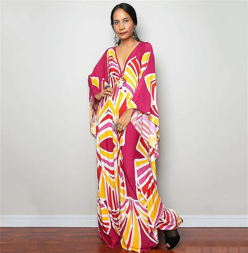 VESTIDO MAXI ESTAMPADO MUJER VESTIDO DE PLAYA CON MANGA MURCIéLAGO VESTIDO DE VERANO DE TALLA GRANDE ROPA DE PLAYA KAFTáN COVER