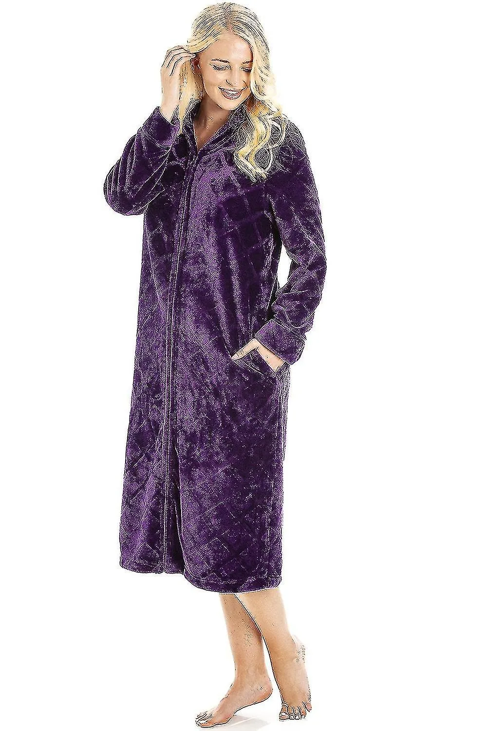WOMEN'S CAMILLE WOMEN'S HOUSECOAT IN PURPLE FLEECE ZIP ROBE WITH INSEAM POCKETS  14/16