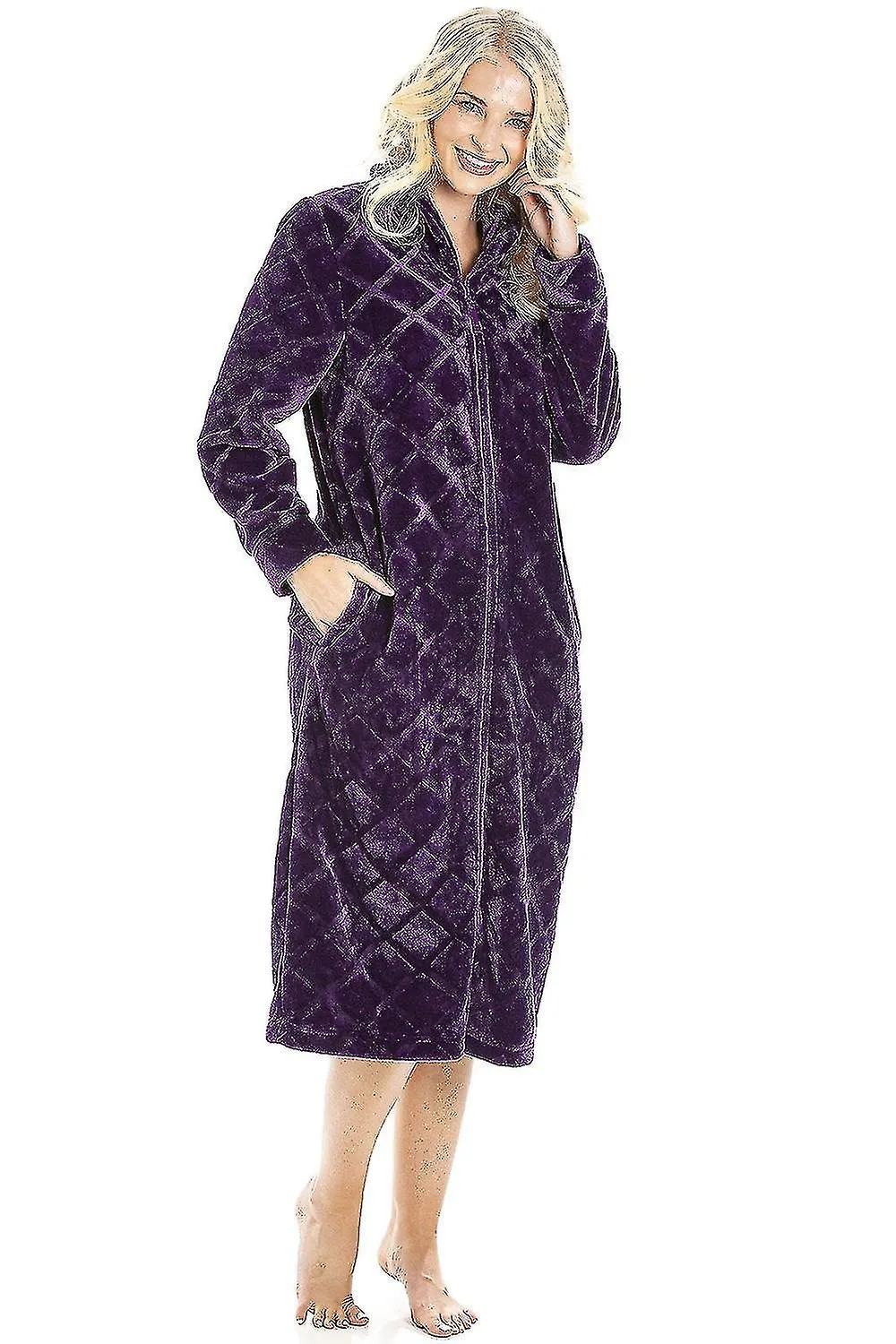 WOMEN'S CAMILLE WOMEN'S HOUSECOAT IN PURPLE FLEECE ZIP ROBE WITH INSEAM POCKETS  14/16